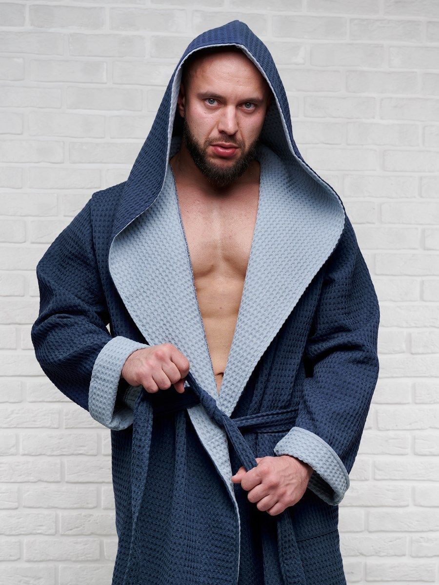 снимок Халат вафельный с капюшоном, два цвета, темно-синий от магазина BIO-TEXTILES ОПТ