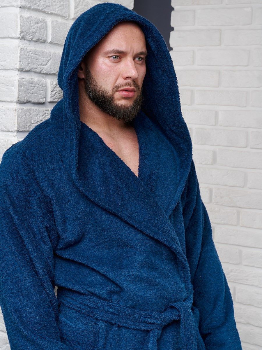 снимок Халат мужской махровый PandaHug с капюшоном, синий от магазина BIO-TEXTILES ОПТ