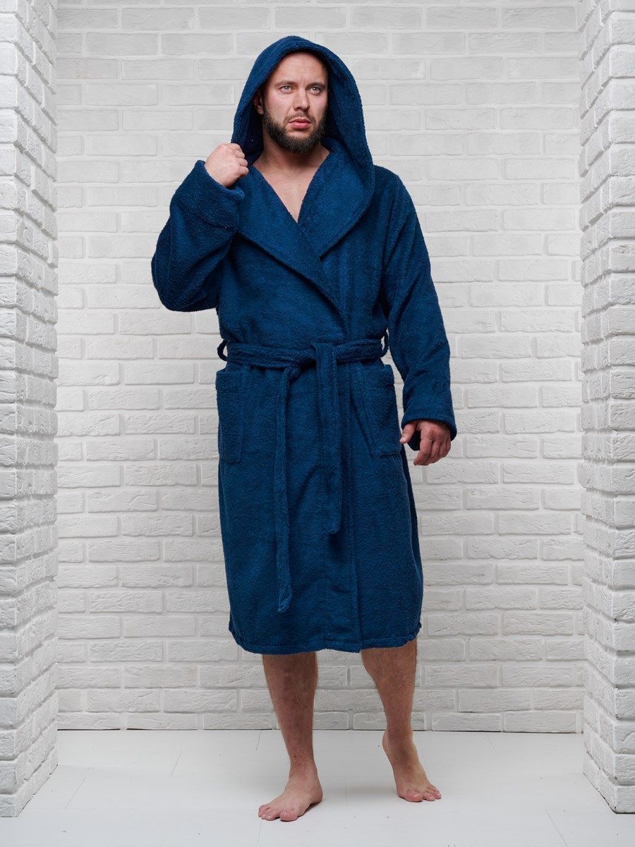 снимок Халат мужской махровый PandaHug с капюшоном, синий от магазина BIO-TEXTILES ОПТ